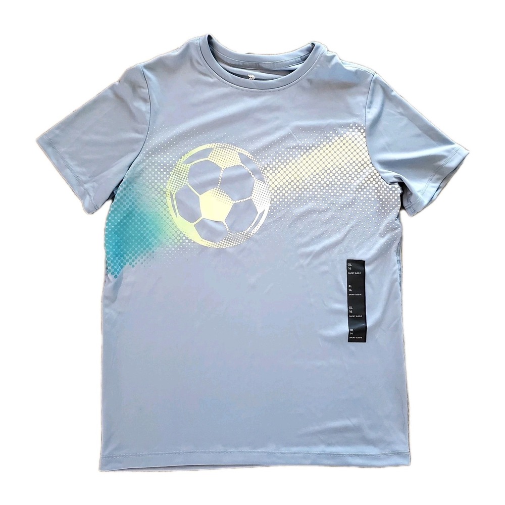 NWT All In Motion Boy's XL 14 UPF 50 T-Shirt Light Blue Soccer Ball Stretch Soft